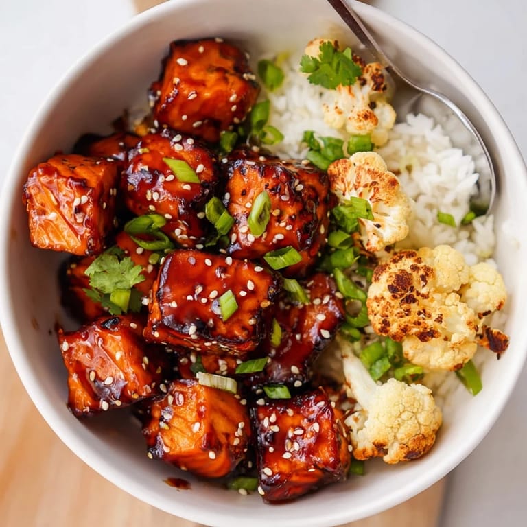 Caramelized salmon glazed in sriracha honey, served with fresh herbs and sesame seeds.  