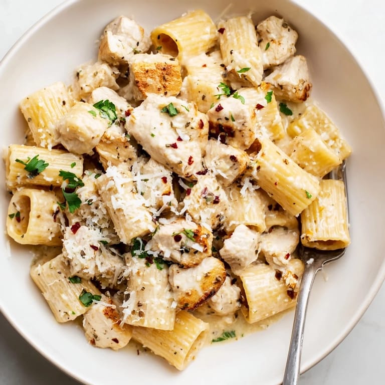 Indulge in rich Garlic Butter Chicken with Rigatoni served hot and cheesy.