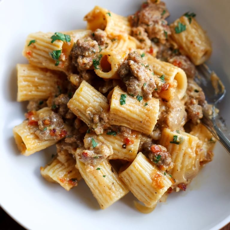Rich Cheesy Ground Turkey Pasta dish with melted cheese, garnished and ready to enjoy.