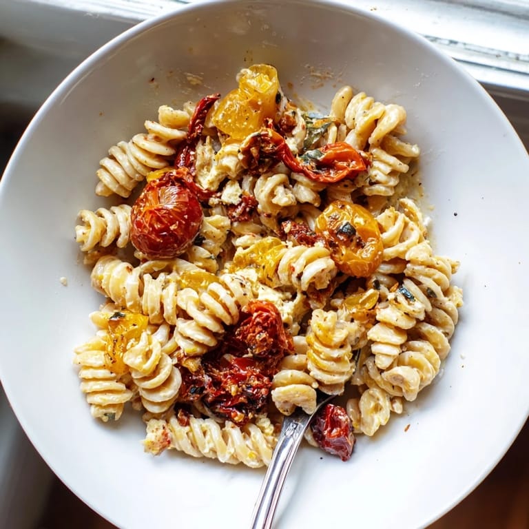Delicious baked feta pasta showcasing golden cheese and vibrant, roasted veggies.