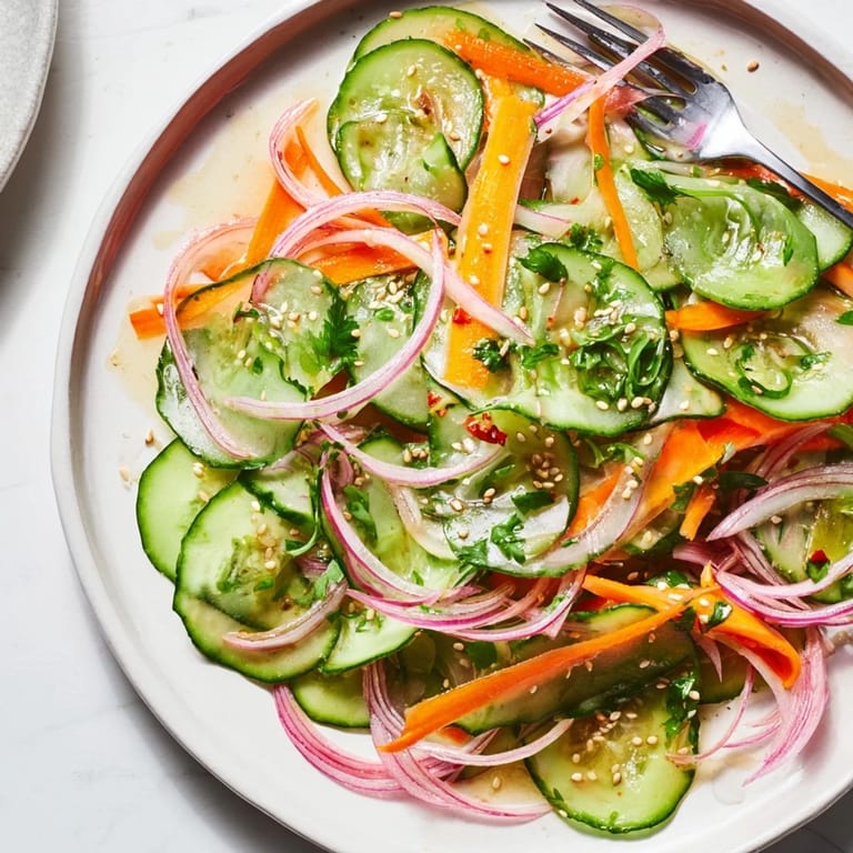 Colorful cucumber salad remix featuring crunchy greens with savory sesame and fish sauce dressing.