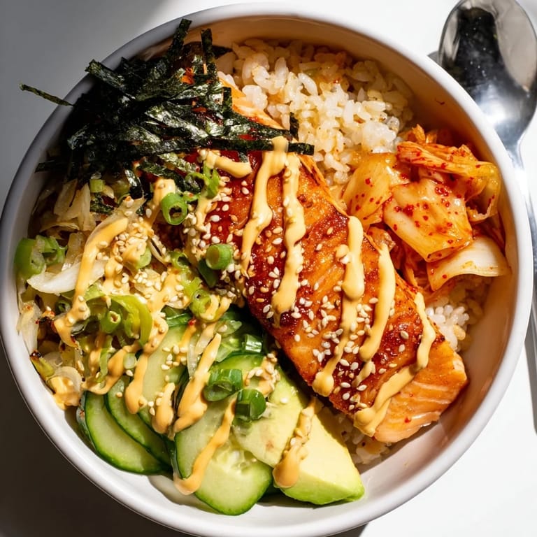 Delicious Crispy Salmon Rice Bowl featuring sautéed garlic, fluffy rice, and vibrant toppings.