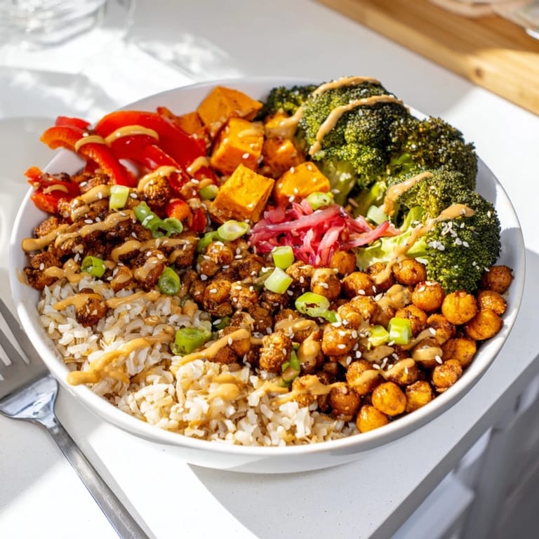 Colorful bold sauce drizzle bowls, bursting with flavor from roasted vegetables and sauces.