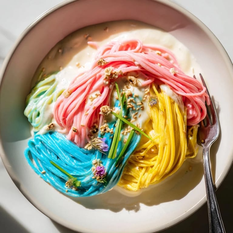 Delightful Neon Noodle Cloud dish topped with scallions and edible flowers, serving fun.  
