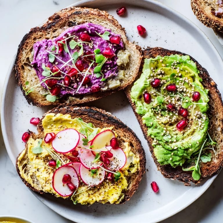 Colorful breakfast toasts featuring creamy ube halaya and ripe avocado layers.  