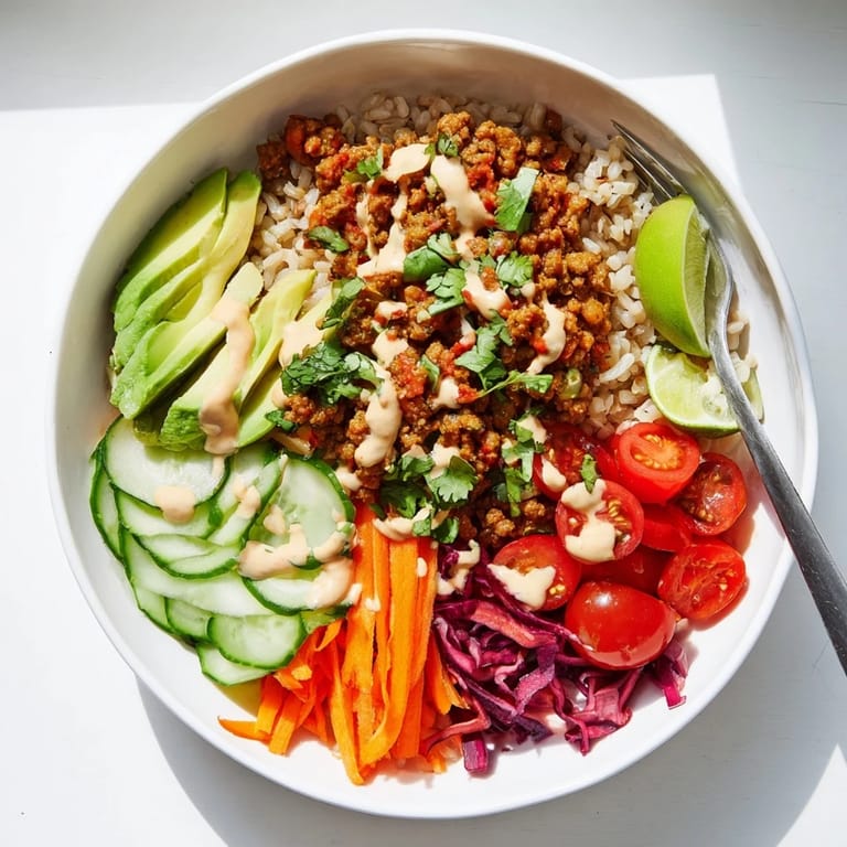 Delicious plant-based meat bowl with quinoa, avocado, and fresh cilantro garnish.