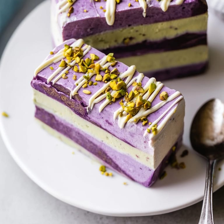 Refreshing ube & pistachio ice cream bars adorned with pistachio crunch and coconut drizzle.  