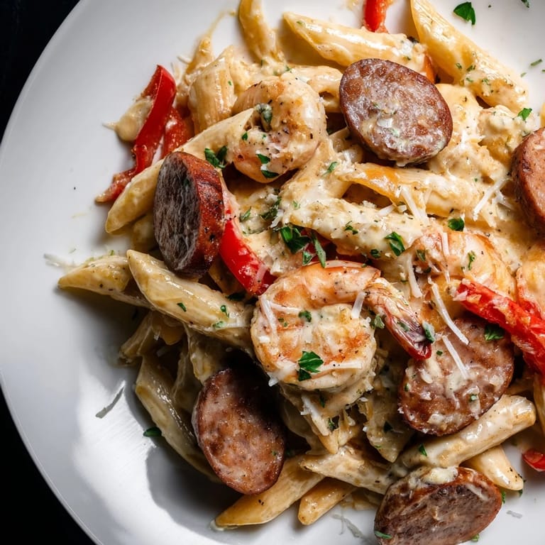 One-pan Cajun Sausage & Shrimp Alfredo Pasta Skillet, perfect for weeknight dinners. 