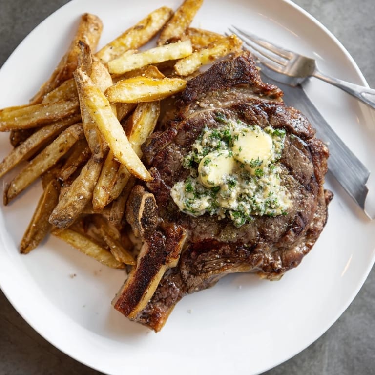 Flavorful Garlic Butter Steak garnished with herbs, paired with deliciously crispy fries.