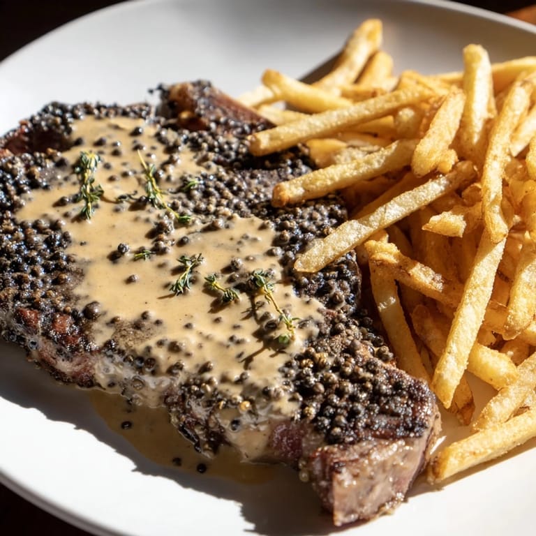 Sizzling peppercorn ribeye steak, golden fries, and rich sauce on a rustic plate.