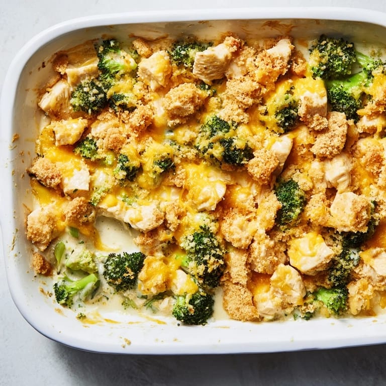A warm, comforting Chicken & Broccoli Cheddar Bake with a creamy cheese sauce and tender chicken.