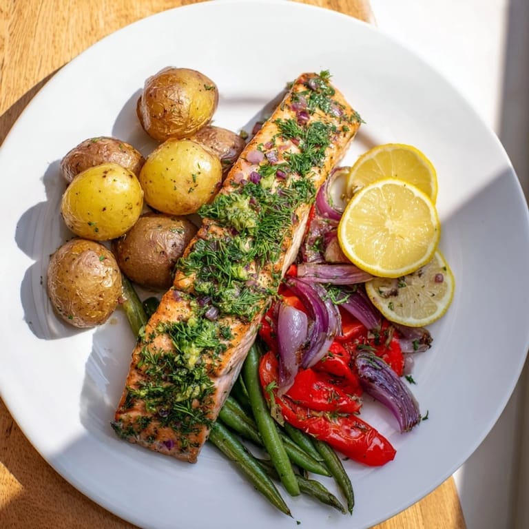 Vibrant image shows flaky Lemon Herb Salmon & Potato, showcasing perfectly roasted vegetables and succulent fish.