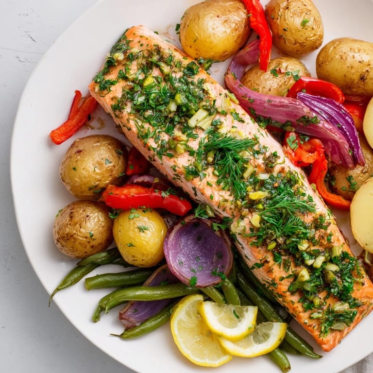 A delicious close-up of the easy Lemon Herb Salmon & Potato sheet pan dinner, with crispy potatoes.
