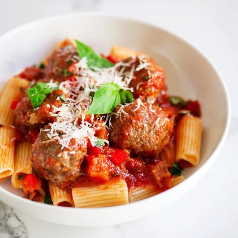 A close-up of a delicious Italian Meatball Pasta Skillet, with melted cheese and fresh basil.