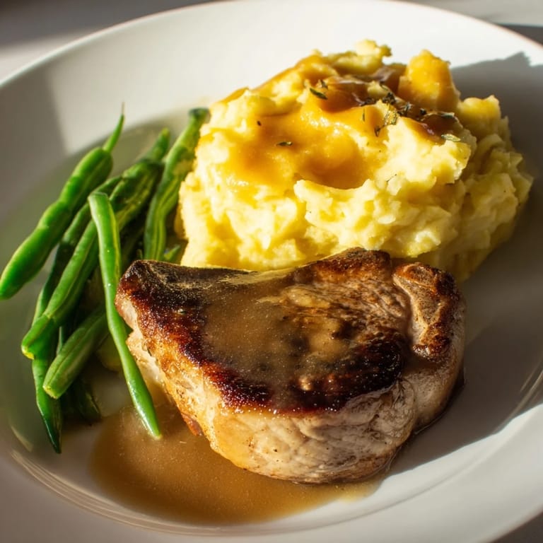 This comforting Pork Chops & Cheddar Mash Bowl offers tender pork chops with cheddar-loaded potatoes.