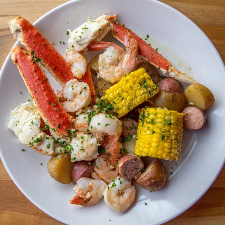 Tender, flavorful Southern seafood boil featuring crab, shrimp, and sausage with golden corn.