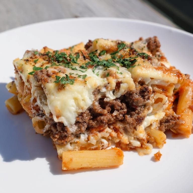 A close-up of savory Baked Ziti with Meat Sauce, showcasing layers of cheese and rich tomato sauce.