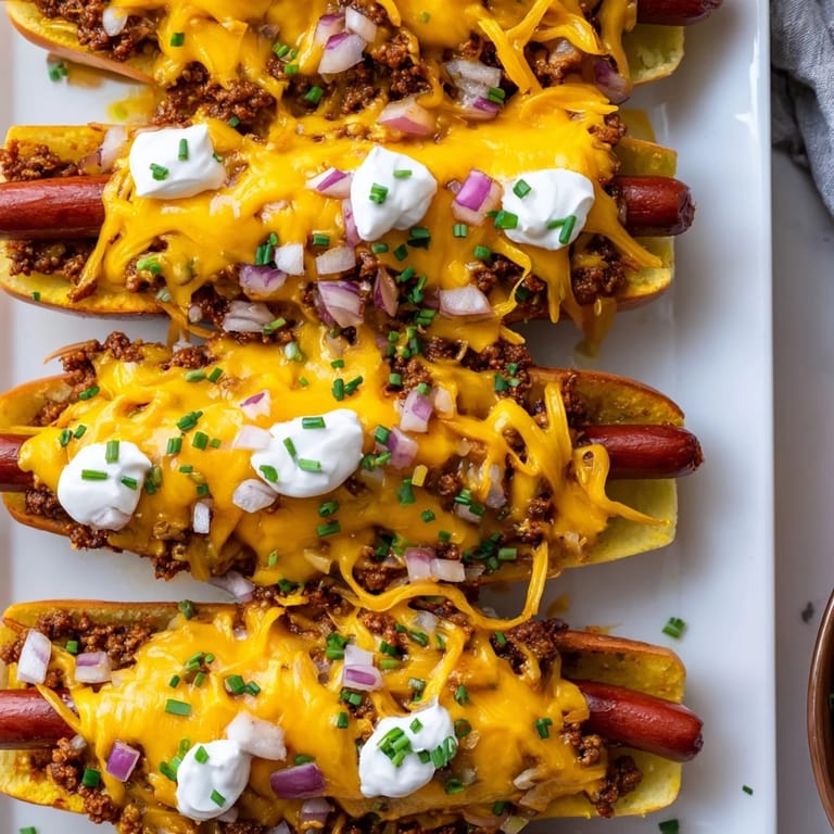 A close-up of a steaming Chili Dog Casserole with diced onions baked into a cheesy topping.