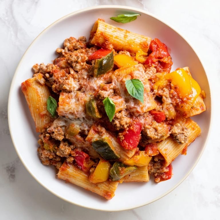 A close-up of cheesy Baked Rigatoni with Sausage & Peppers, showing the texture of the baked top.
