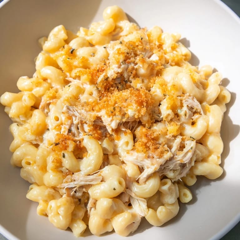 Creamy Classic Mac & Cheese with BBQ Chicken, a perfect family meal with smoky chicken topping.