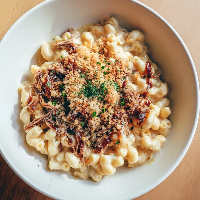 A close-up of barbecue pulled pork mac and cheese, showing cheesy sauce and tender pulled pork.