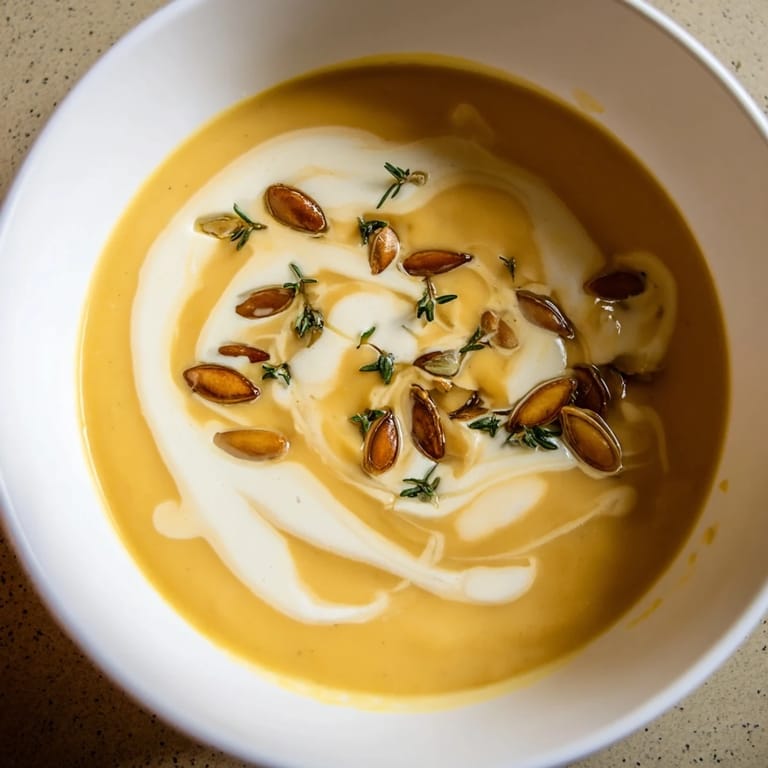 A golden bowl of creamy roasted acorn squash soup, garnished with fresh thyme and pepitas.