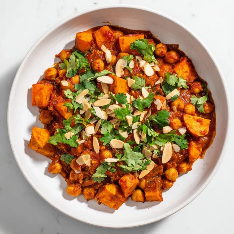 Warm bowl of Moroccan Chickpea & Sweet Potato Tagine, garnished with almonds and lemon, ready to enjoy.