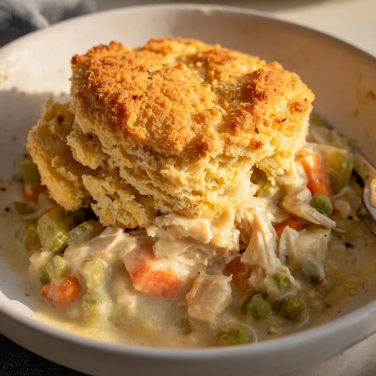 This image shows a delicious One-Pan Chicken Cobbler bake, where golden biscuits cover tender chicken.