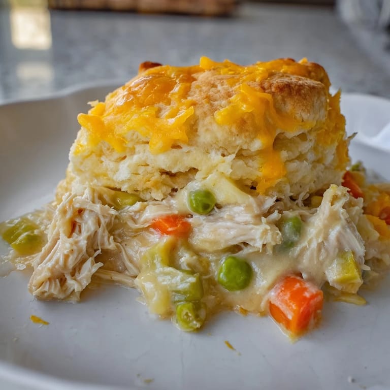 Imagine a rustic and warm One-Pan Chicken Cobbler with cheesy biscuit topping, fresh from the oven.
