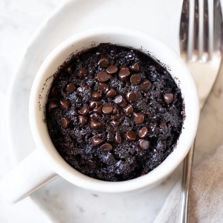 Delicious single-serve microwaved mug cake steaming hot, full of chocolate chips, perfect for a cozy night.