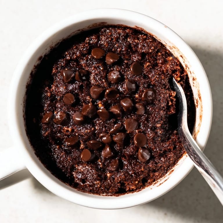 Close-up of a perfectly risen microwaved mug cake, a simple, individual chocolate cake in a mug.