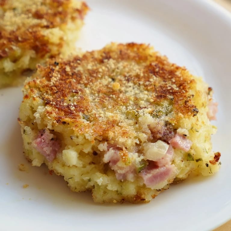 A plate of freshly fried Depression-era Ham & Potato Patties, smelling delicious with diced ham.