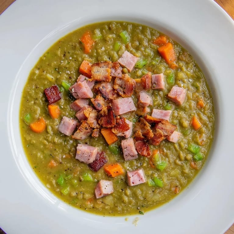 View the rich, vibrant green Split Pea Soup, a comforting blend with ham and bacon topping.