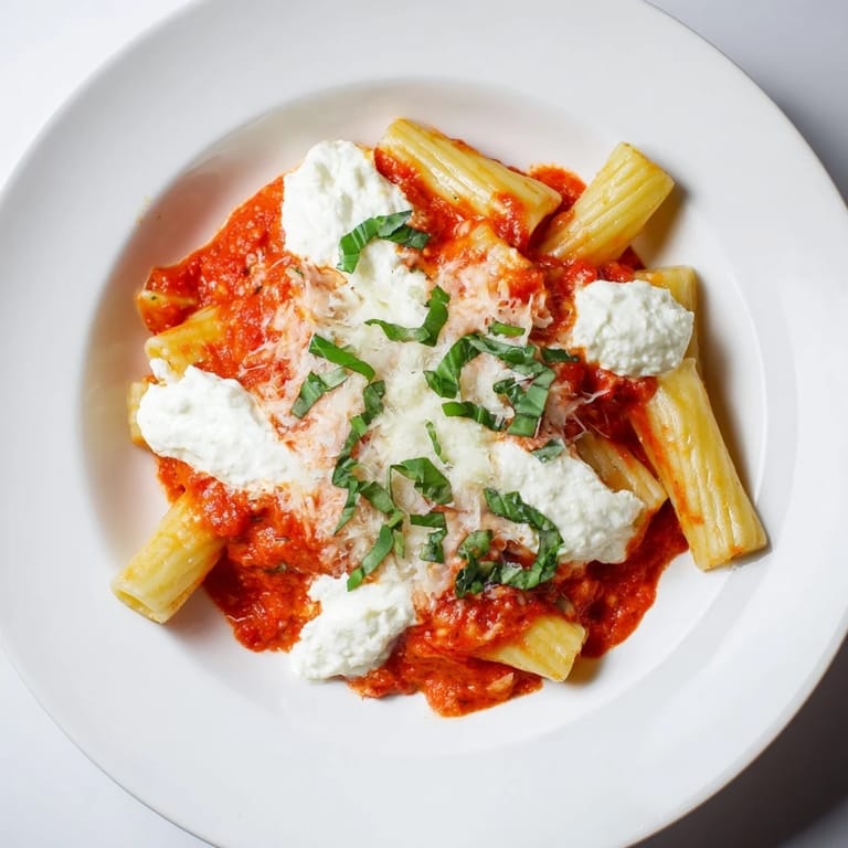 A close-up of cheesy One-Pan Baked Ziti, showcasing bubbly, melted cheese over the perfectly cooked pasta.