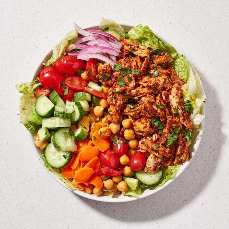 A colorful bowl displays the fresh ingredients for this flavorful chicken salad with vibrant vegetables.