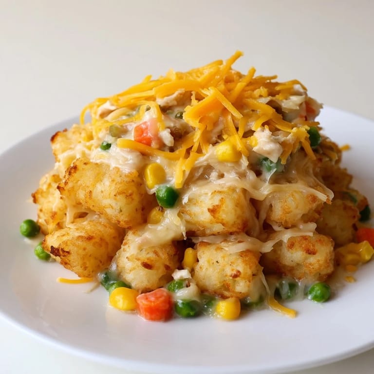 A warm, savory Tater Tot Chicken Pot Pie, with crispy tots perfectly baked on top.