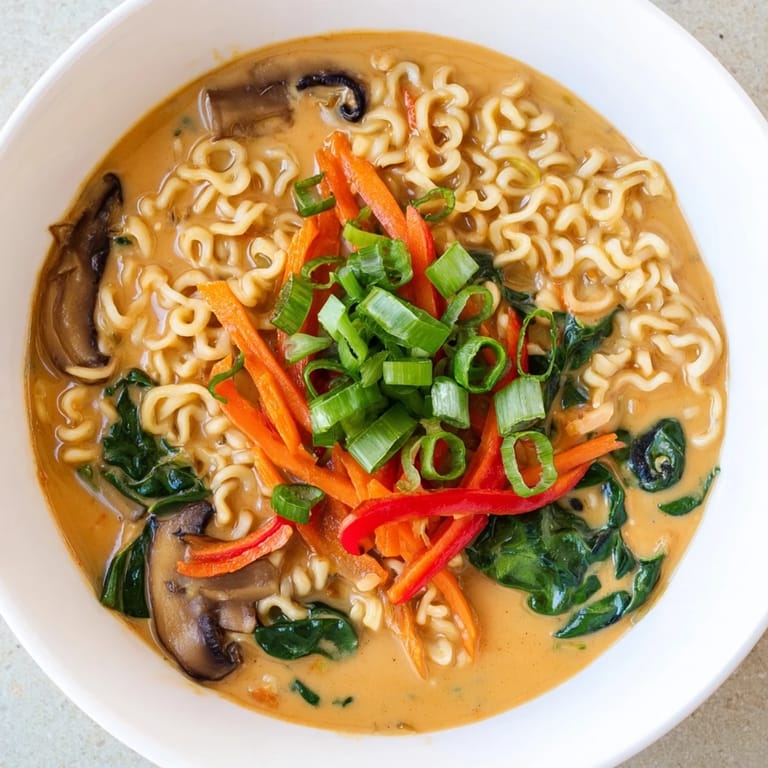 A close-up shot of hot Curry Coconut Ramen, showcasing creamy broth and perfectly cooked noodles.