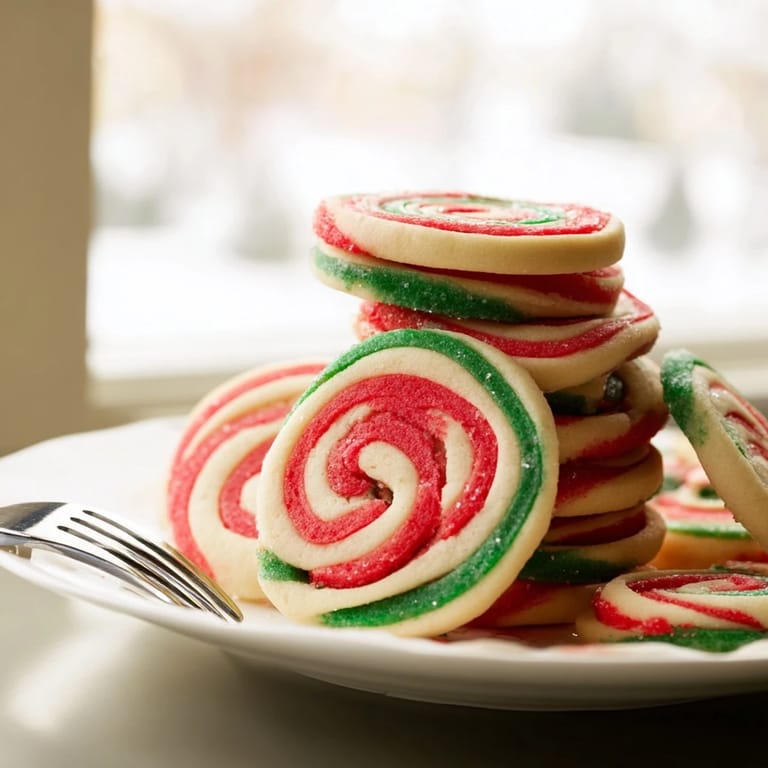 Buttery Holiday Pinwheel Cookies, showcasing vibrant red and green spirals fresh from the oven, a delicious American treat.
