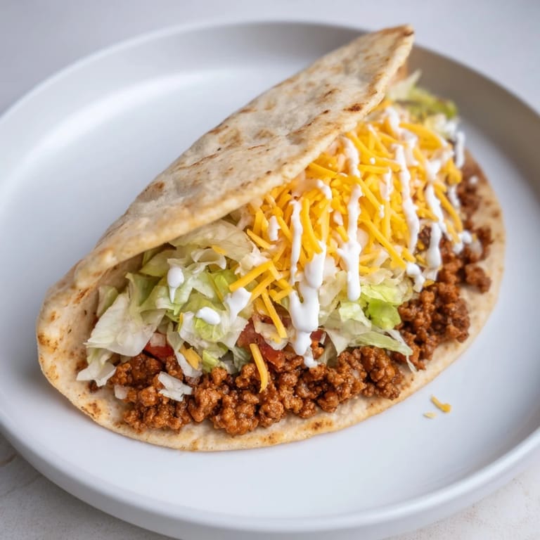 A close-up of fully assembled Cheesy Gordita Crunch Tacos, with melted cheese and fresh, vibrant ingredients visible.