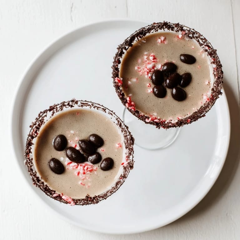 Festive Peppermint Espresso Martinis served in chocolate-peppermint-rimmed glasses, perfect for any celebration.