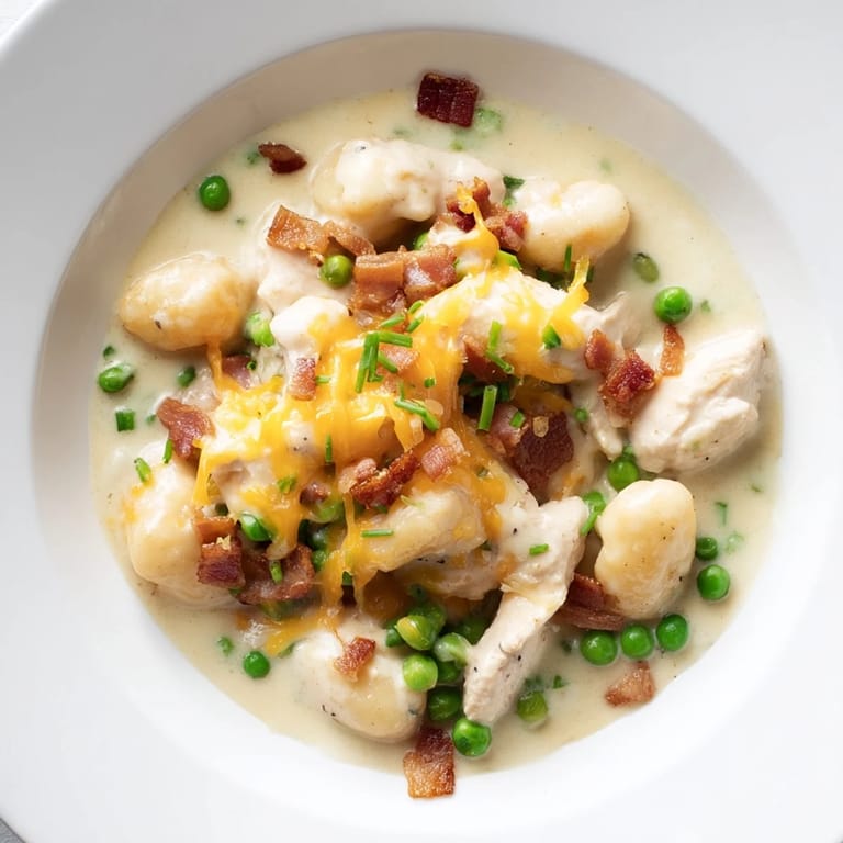Picture tender potato gnocchi coated in a rich, creamy crack chicken sauce, ready to serve at dinner.