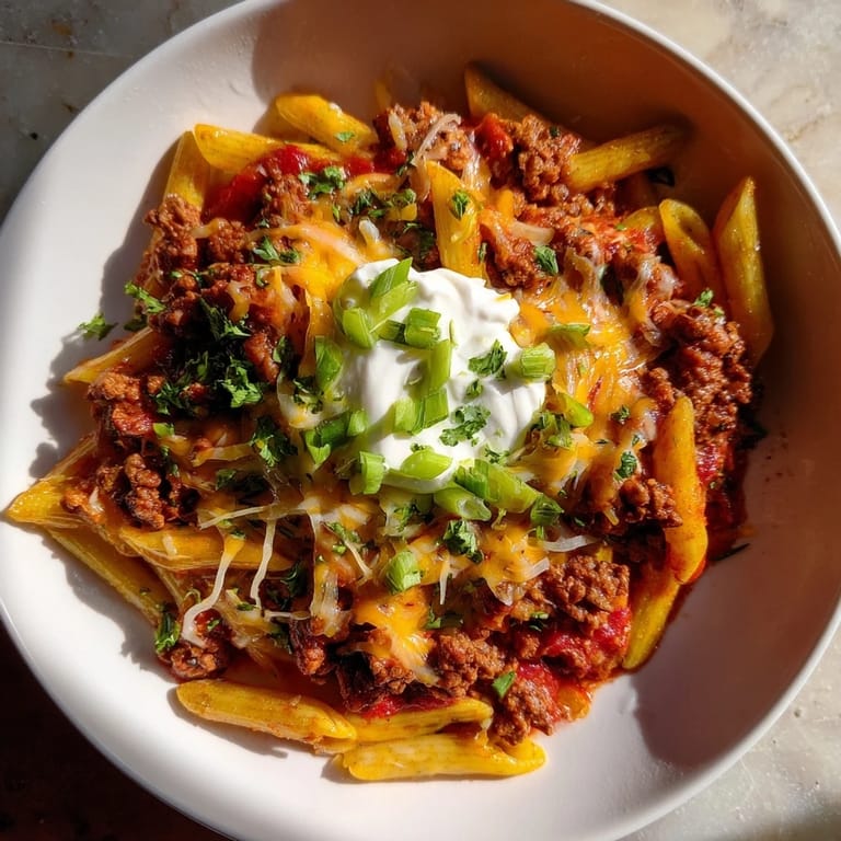Savor the deliciousness of this Easy Beef Enchilada Pasta, showcasing melted cheese and fresh cilantro.