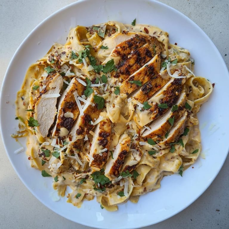 A close-up of a plated Cajun Chicken Alfredo Fettuccine dish, enticingly rich with a spicy cheese sauce.