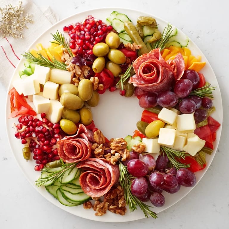 Artfully arranged Quick Christmas Charcuterie Wreath Board, a delicious appetizer ready for effortless holiday gatherings.