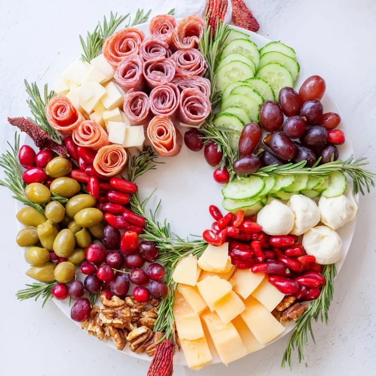 Vibrant Quick Christmas Charcuterie Wreath Board: a dazzling appetizer featuring cheese, meats, and festive fruit.