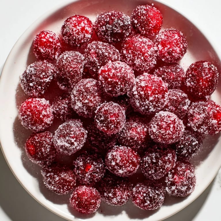Fresh, ruby red 5-Minute Express Candied Cranberries, sparkling and ready to add a sweet crunch.