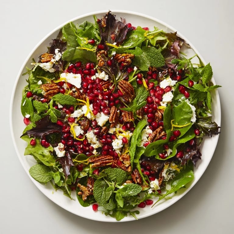 Freshly tossed Pomegranate Feta Wreath Salad, a stunning vegetarian appetizer for any gathering.