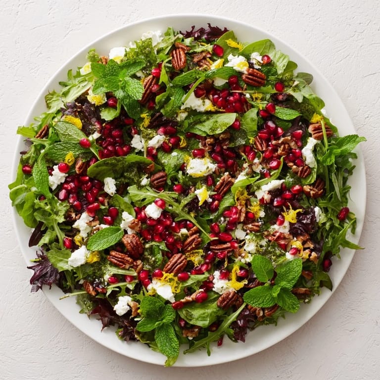 A delicious, festive Pomegranate Feta Wreath Salad, drizzled with balsamic dressing and ready to serve.