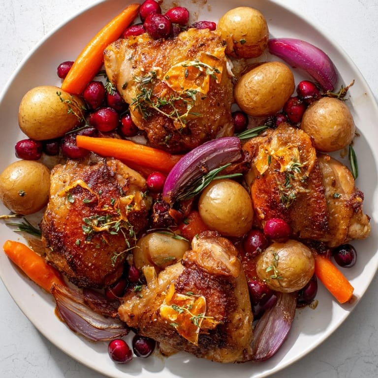 Vibrant image of a pan filled with One-Pan Olive Oil Roast Chicken bursting with colorful roasted cranberries.