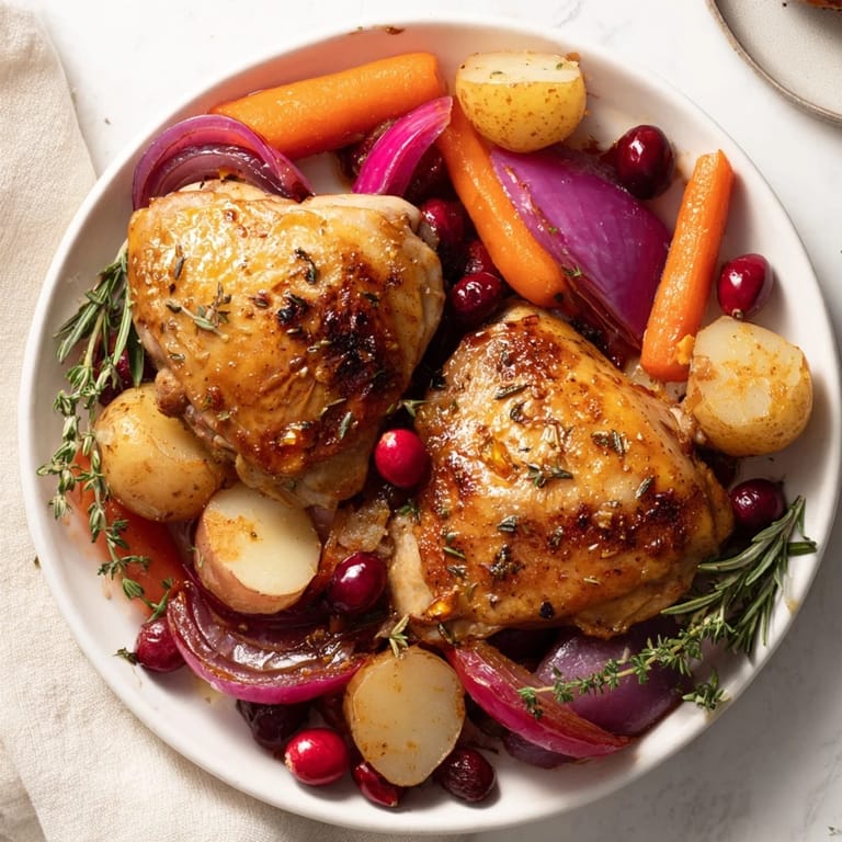 Delicious, easy One-Pan Olive Oil Roast Chicken, with crispy chicken skin and tender, glazed root vegetables.